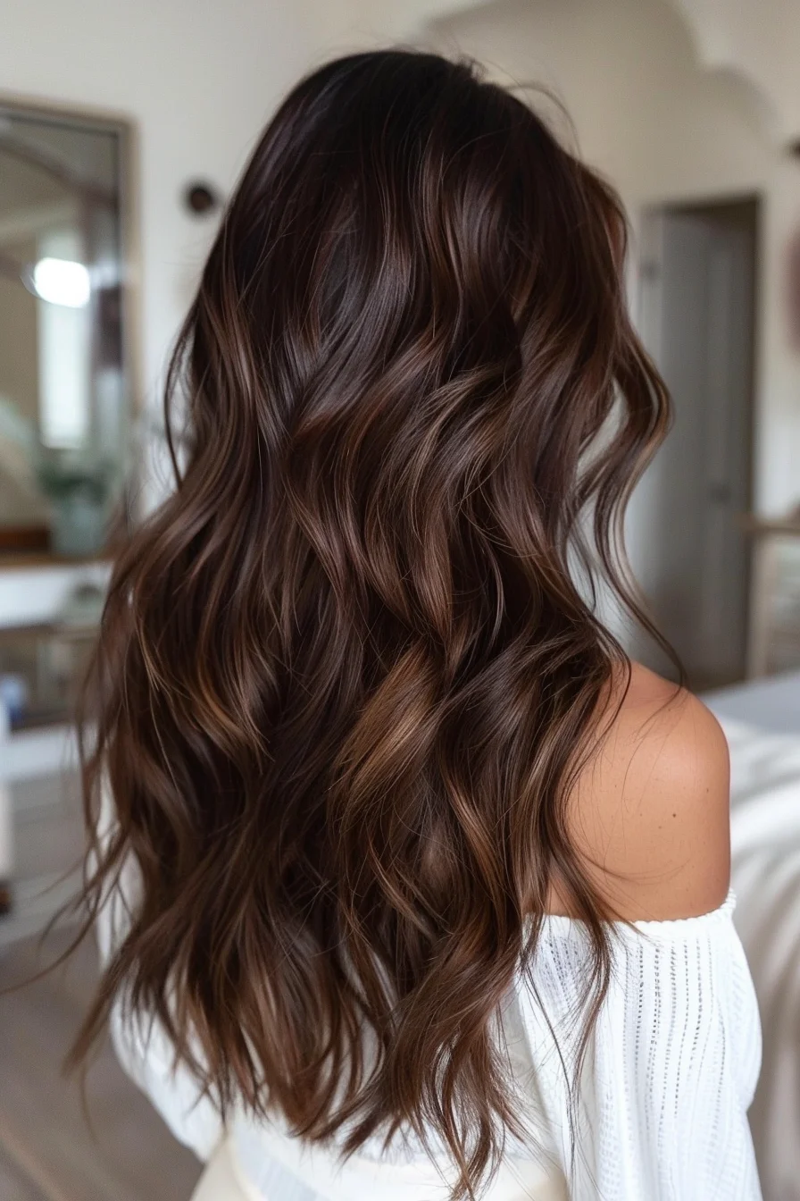 Dimensional brunette balayage elevates the deep, chocolatey base with golden-brown highlights that create a beautifully blended, natural-looking effect. Soft, layered waves lend effortless volume and movement to the long, luxurious style.