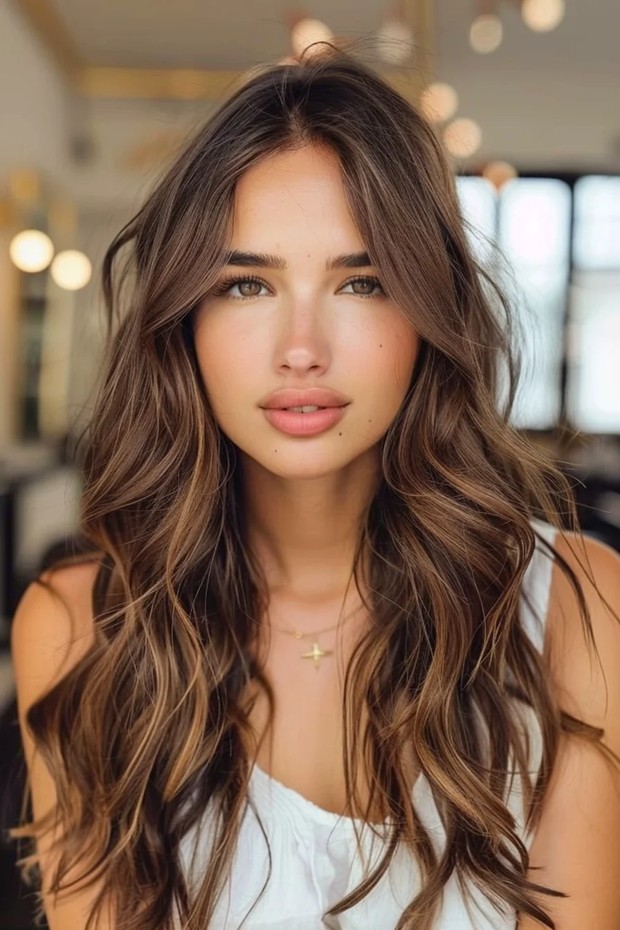 Effortlessly tousled waves cascade down in soft layers, bringing out the richness of the chestnut brown base. Subtle caramel highlights are woven through, catching the light and adding dimension. The middle part frames the face beautifully, giving a natural, relaxed vibe that’s perfect for fall.