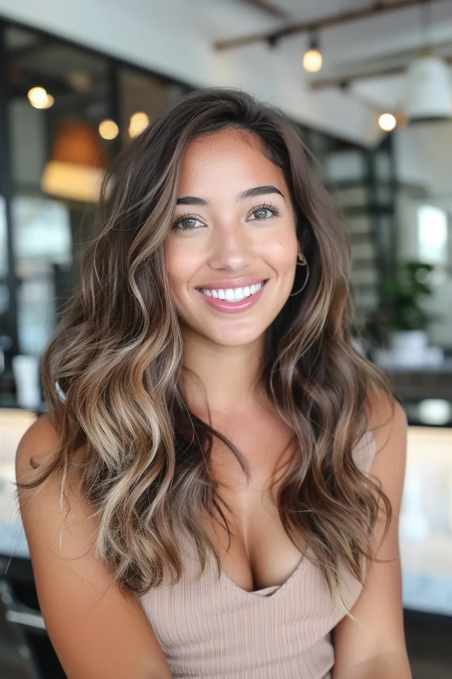 Loose waves meet warm brunette tones in this laid-back, beachy look. The mix of sun-kissed blonde highlights creates depth and movement throughout the hair. The soft balayage effect adds just the right amount of brightness, keeping things fresh without overpowering the natural brown base.