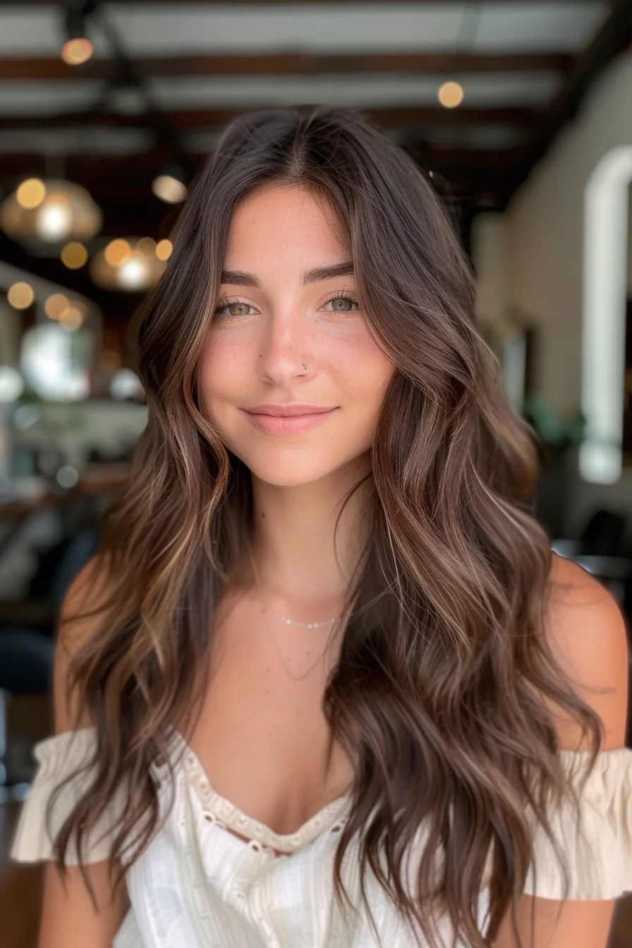 Rich chocolate brown serves as the foundation for delicate, face-framing highlights that brighten up the entire look. The waves flow effortlessly, enhancing the natural texture while keeping things modern and casual. This timeless combination of color and cut feels fresh yet understated.
