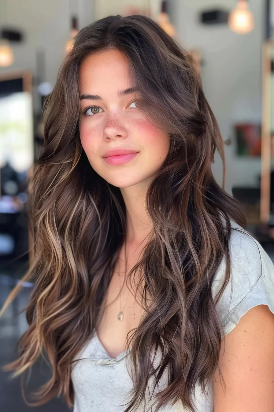 A darker, espresso-toned base is brought to life with subtle honey highlights that peek through the waves. The layers are soft, adding movement to the hair without taking away from its natural fullness. Perfect for a fall refresh, this look strikes a balance between natural and polished.