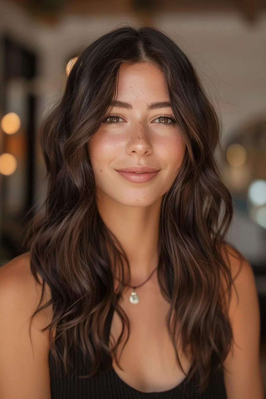 Dark brown hues are lifted with just a hint of lighter streaks along the ends and around the face. The long, loose waves add a carefree touch, while the soft layering helps create movement. This color combination feels both seasonal and timeless, ideal for those who prefer a more natural update.