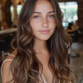 Long, flowing waves meet a rich, earthy brown base with delicate golden highlights. The highlights are softly blended, providing a natural, sun-kissed effect that brightens without being too bold. The gentle layering throughout adds volume and movement, making it a versatile and easygoing look for autumn.