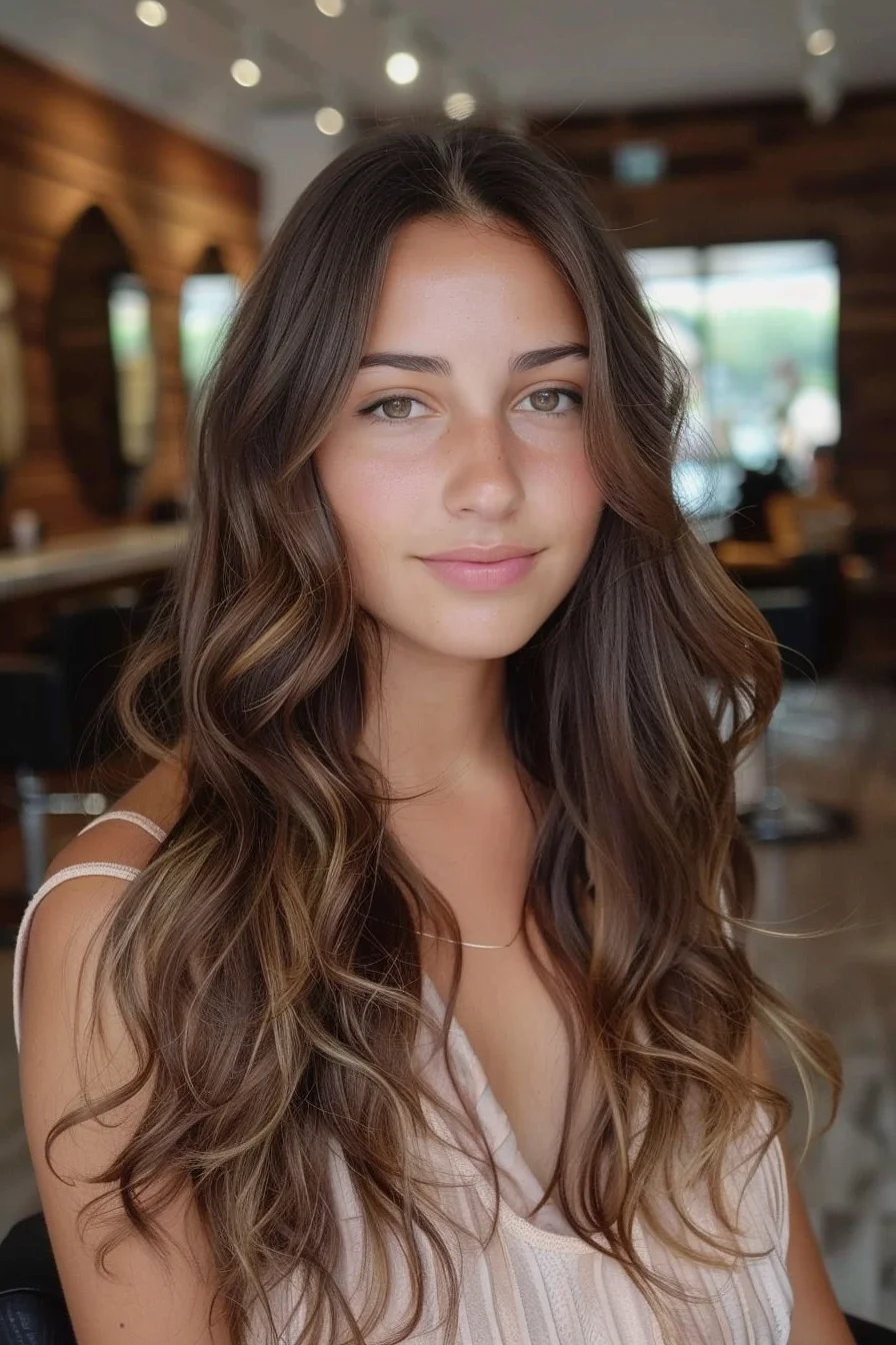 Long, flowing waves meet a rich, earthy brown base with delicate golden highlights. The highlights are softly blended, providing a natural, sun-kissed effect that brightens without being too bold. The gentle layering throughout adds volume and movement, making it a versatile and easygoing look for autumn.