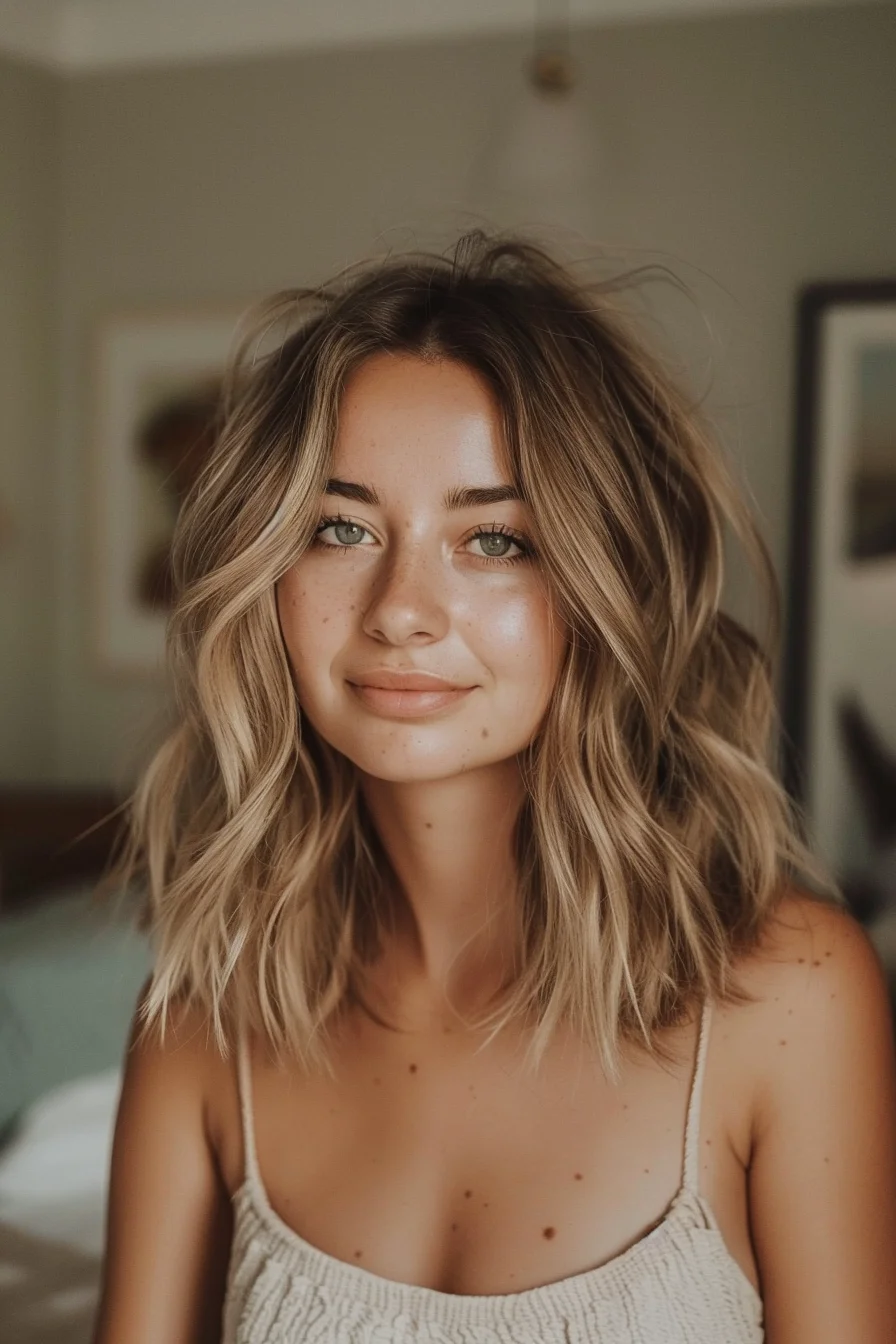 A textured, shoulder-grazing bob with soft layers brings out the volume in this look, while the sandy blonde highlights blend seamlessly into the natural brunette base. The tousled waves add a casual, lived-in feel, making it an easy, chic option for anyone looking for a low-maintenance cut.