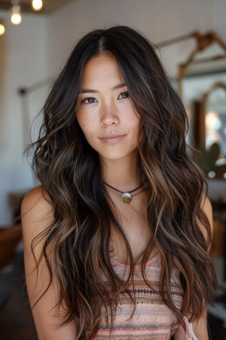 Rich dark brown waves cascade down, enhanced by subtle caramel highlights that brighten the face and add depth. The long, voluminous layers bring movement to the hair, while the middle part opens up the face, allowing the soft waves to delicately frame the features for a natural, effortless finish.