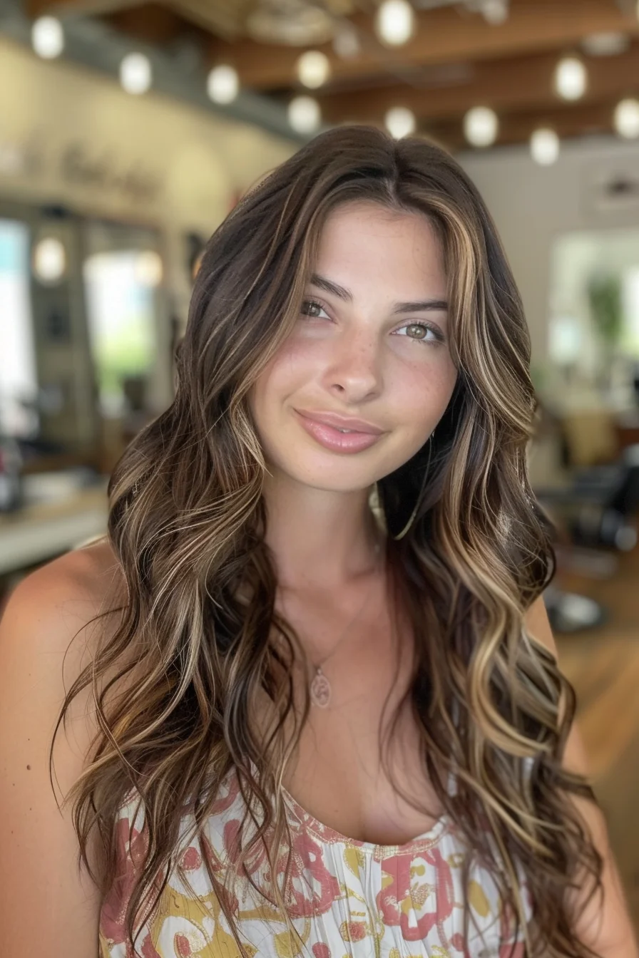 Bold, face-framing highlights in a honey blonde contrast against a deep brunette base in a striking way. The long, loose waves create a soft, flowing shape, while the bright blonde strands near the crown give the look a sun-kissed glow. It’s a versatile combination that feels both modern and timeless.