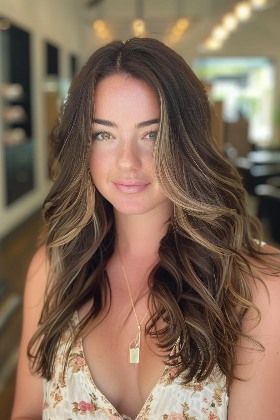 A deep brunette base is brought to life with strategically placed golden highlights that blend beautifully with the long, voluminous waves. The seamless transition between the darker roots and lighter ends gives this look dimension and brightness, perfect for an easy, flowing, beachy vibe.