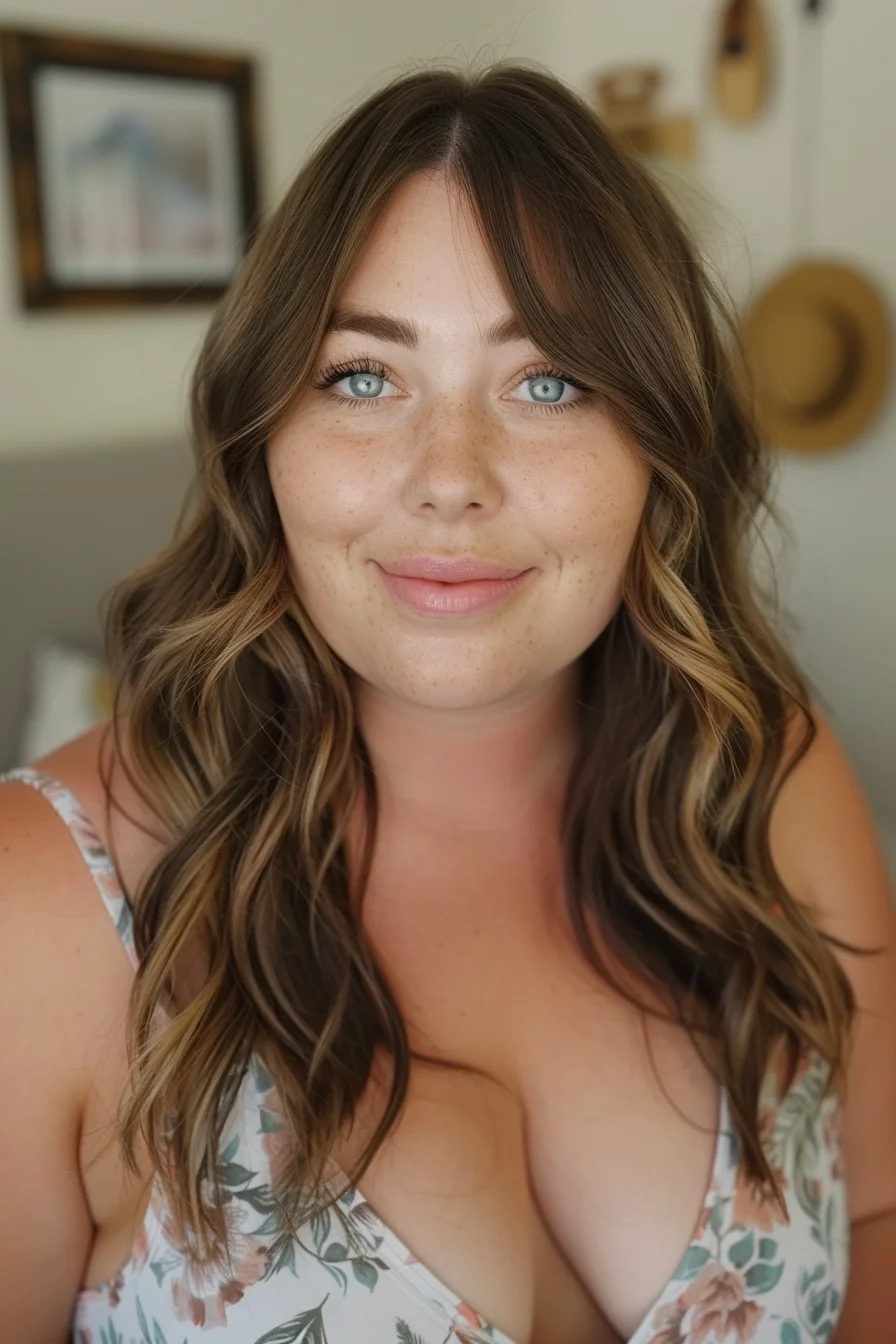 Loose waves and soft caramel highlights add dimension to this look, with the darker roots giving a grounded, natural vibe. The subtle layering throughout creates movement while the face-framing highlights brighten up the look. An easy, wearable look that adds warmth and depth to brunette hair.