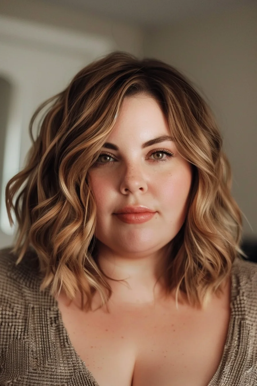 Soft waves cascade effortlessly in a rich brunette base kissed by caramel and honey highlights. The warm streaks contour the face, bringing dimension and vibrancy to the layered cut. Loose, undone curls add a touch of texture, making the overall look feel dynamic and fresh for fall.