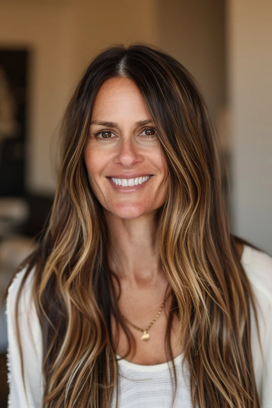 Long, natural brown hair is brightened up with soft, golden blonde highlights that run from the roots to the tips. The subtle layering adds movement, while the center part creates a relaxed, casual look. This combination of darker roots and lighter ends gives a sun-kissed glow to the overall appearance.