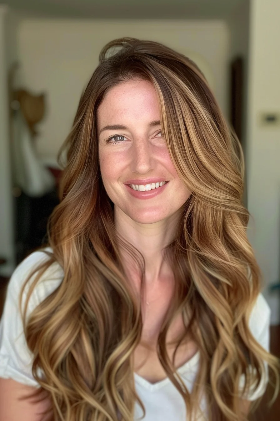 This look features a warm, honey-blonde balayage that blends beautifully into a light brown base. The long, voluminous waves showcase the gradient from darker roots to lighter tips, giving the hair a soft, flowing texture. The side-swept layers add a bit of bounce and frame the face with a natural, effortless finish.