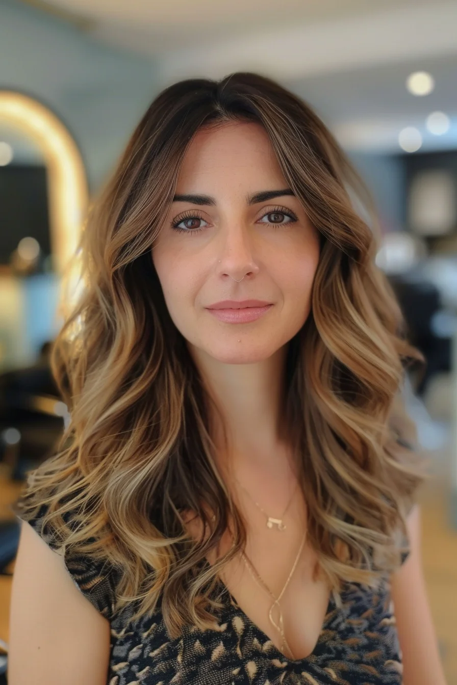 Soft, voluminous waves cascade down in a mix of rich brown and warm caramel tones. The face-framing layers highlight the cheekbones while the subtle ombré effect adds depth and dimension. The middle part grounds the look, making it feel balanced and fresh.