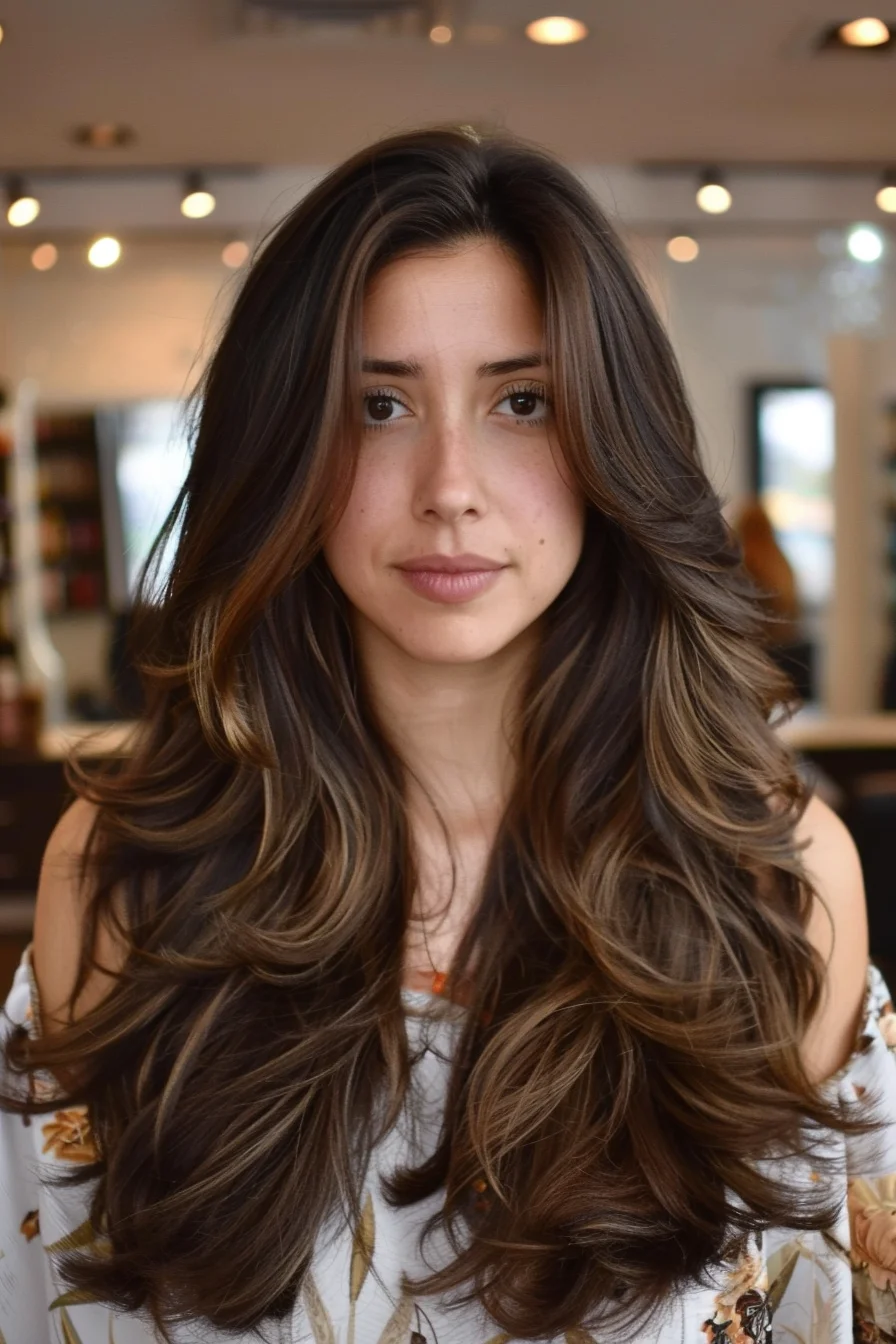 This long, layered cut adds volume and depth, with a rich chocolate brown base complemented by caramel highlights that run through the lengths. The face-framing pieces brighten the face, while the soft curls give the hair a full and bouncy finish. The layers create a sense of movement, making the hair look dynamic and full of life.