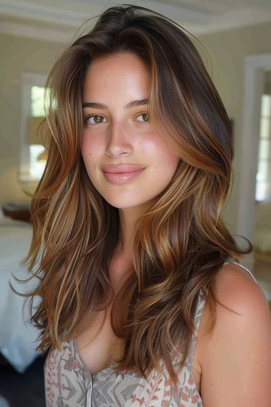 The soft waves in this look are accentuated by warm caramel and honey highlights, which blend seamlessly into the darker brown base. The layers add lightness and movement, while the middle part gives the hair a balanced, symmetrical feel. The subtle highlights around the face give it a bright, natural glow.