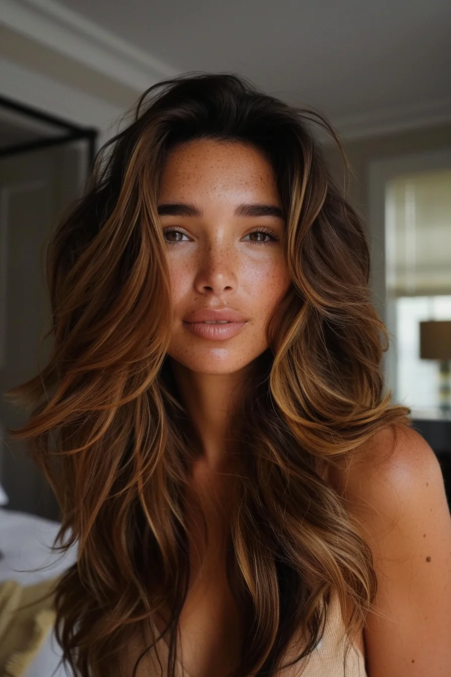 Voluminous, loose waves in warm caramel tones cascade down, blending seamlessly with darker roots. The soft, face-framing layers enhance the natural texture, creating a casual, yet polished look. Subtle highlights give depth and dimension, bringing out the richness of the brown base.