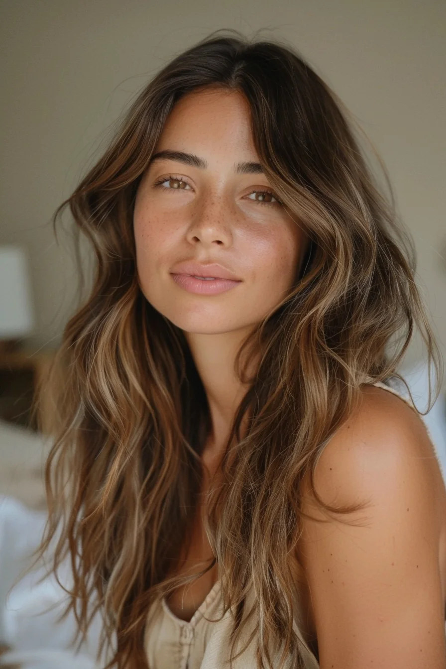 Tousled waves flow naturally, with a cool brunette base enriched by sun-kissed, golden highlights. The relaxed, beachy texture adds movement, while the soft, blended layers give a carefree, effortless vibe. This look pairs well with a middle part that opens up the face subtly.
