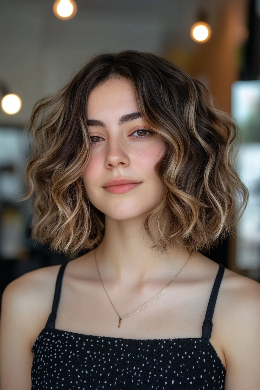 A chin-length bob with loose, bouncy waves shows off a rich brunette base, lifted by soft blonde highlights. The wavy texture adds fullness and volume, while the darker roots keep it grounded. This short, playful cut frames the face beautifully, with the lightened ends creating a soft transition.