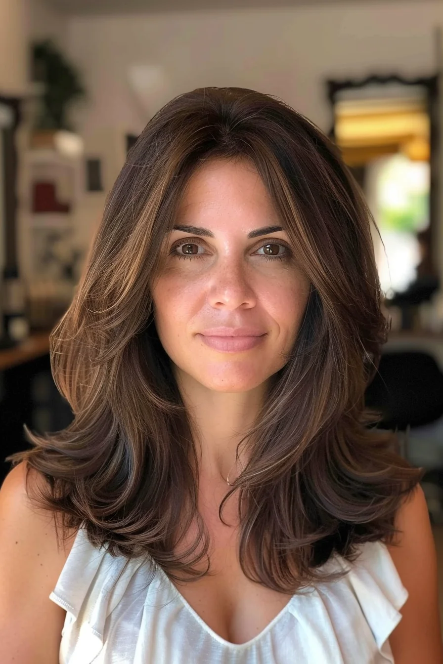 Mid-length hair with soft, voluminous layers shows off a rich brown color with subtle, natural-looking highlights. The face-framing pieces bring attention to the eyes, while the layers add fullness and movement. The overall effect is relaxed and airy, with a soft, flowing texture.