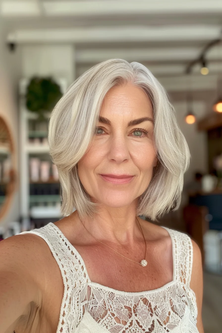 This radiant silver bob is all about embracing the natural aging process. The hair is cut to a classic bob length, falling just below the chin. The color is a striking, bright silver, which complements her complexion beautifully. The smooth, straight styling enhances the shine and creates a polished, refined appearance. This timeless hairstyle is both elegant and modern.