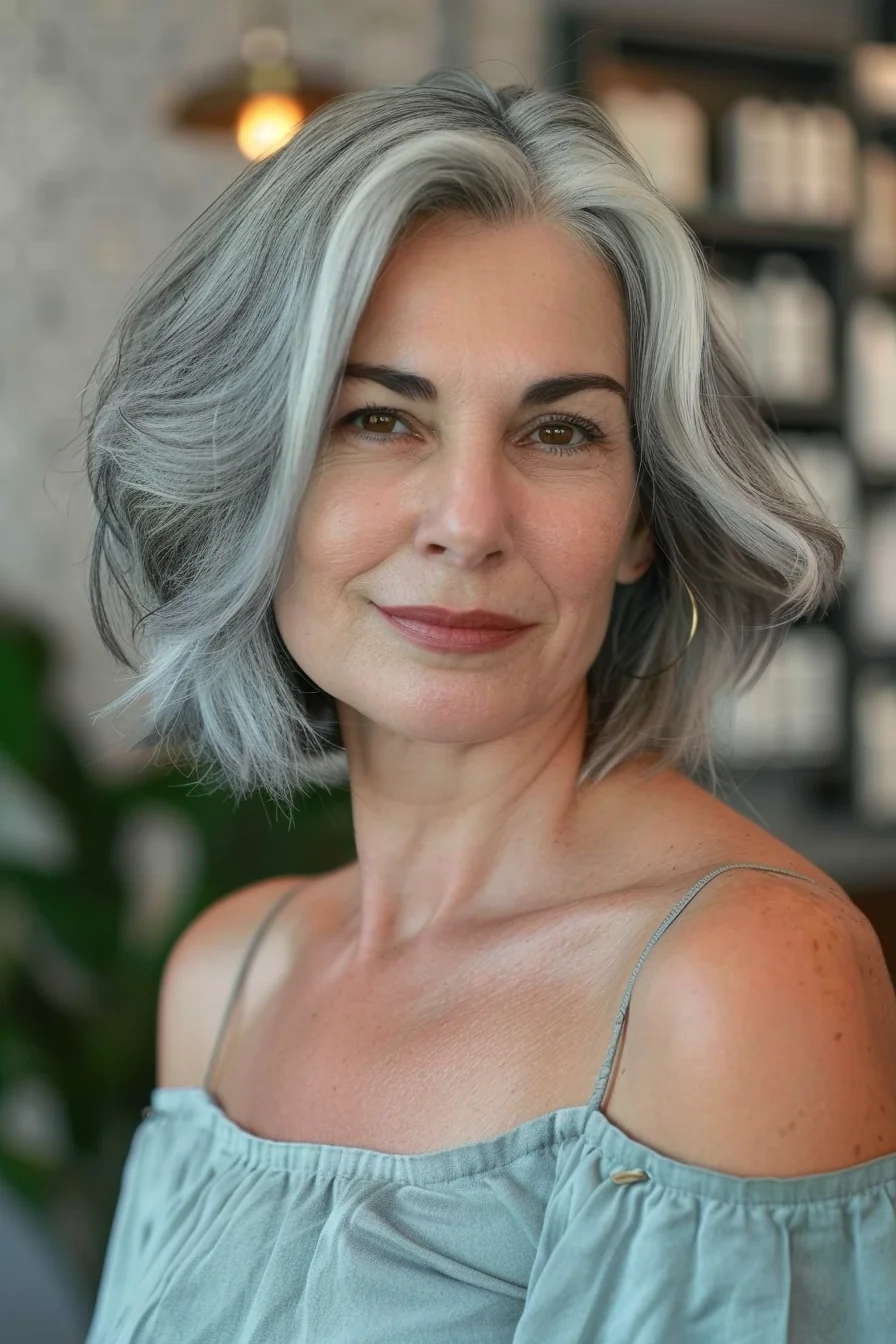 This gorgeous gray bob is a stunning blend of classic and contemporary. The wavy texture and side-swept bangs create a soft, romantic look. Her natural gray color is rich and vibrant, adding to the overall beauty of the style. This off-the-shoulder top perfectly complements the effortless waves of this chic bob.
