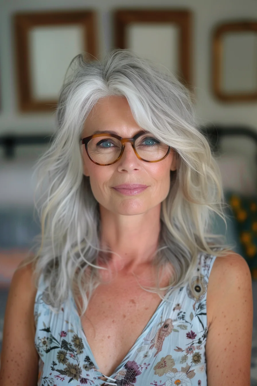 This wavy, gray hairstyle is full of texture and movement. The length falls just past the shoulders, creating a soft and flattering frame for her face. The salt-and-pepper blend throughout her hair adds depth and dimension, while the loose waves give it a relaxed, beachy vibe.