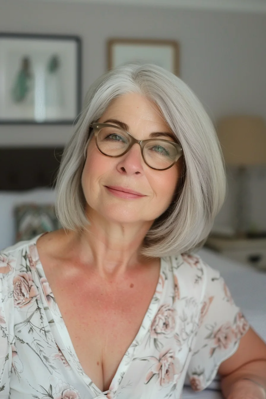 A sleek, straight bob shines in a beautiful shade of silver. This chin-length cut is sharp and modern, emphasizing her bone structure. The smooth, polished finish adds a touch of refinement, making it a chic and versatile hairstyle.