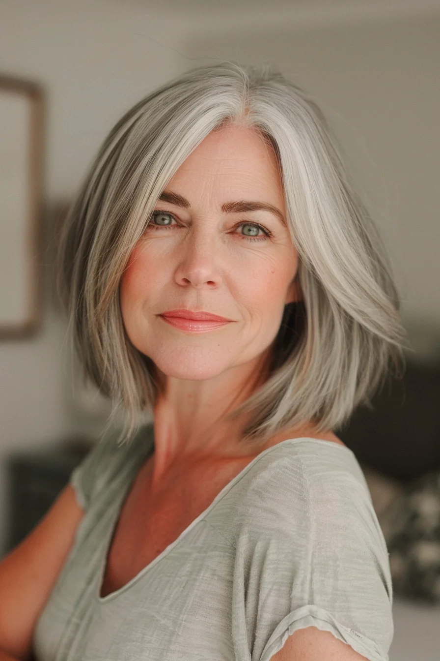 This gray bob features a subtle wave and a side-swept part, creating a soft and feminine look. The length falls just below the chin, a classic and universally flattering length. The natural gray color is enhanced by the healthy shine and movement of the hair.