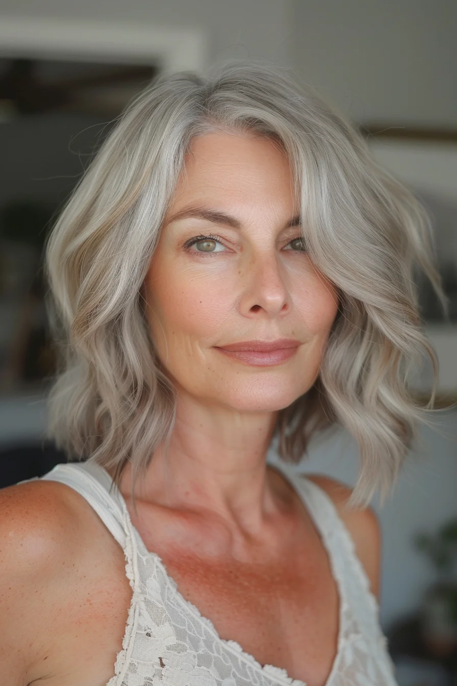 Soft waves cascade through this gorgeous gray bob, adding texture and volume. The length hovers around the shoulders, creating a flattering silhouette. The deep side part and tousled styling give it a relaxed and effortless feel.