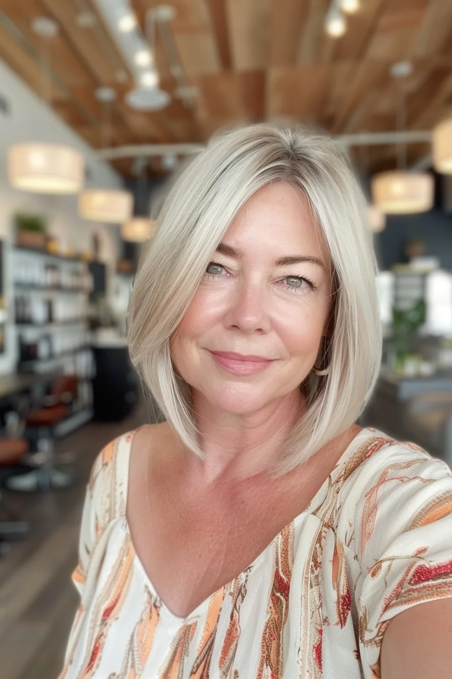 This sleek, silvery bob is a stunning example of embracing natural gray. The blunt cut ends at the jawline, giving it a modern, chic feel. The color is a beautiful blend of light and dark gray tones, creating dimension and depth. It's styled with a simple side part and a smooth, polished finish. This effortless hairstyle is both stylish and easy to maintain.