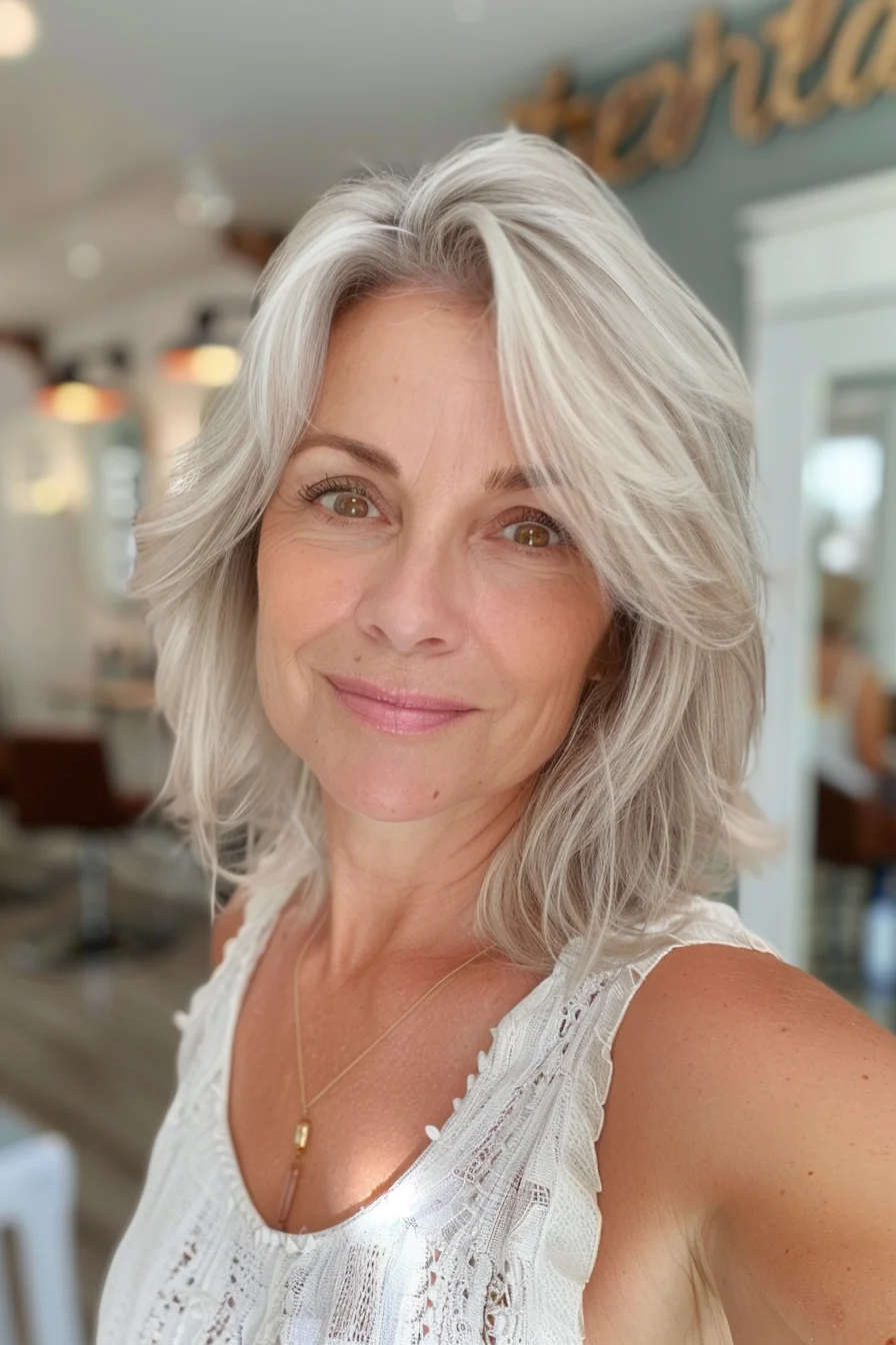 A beautifully textured and voluminous gray bob graces this woman. The layered cut adds movement and body, while the tousled styling creates a carefree, undone look. Her gray hair is a mix of silver and white hues, giving it a luminous quality. This bob is perfect for those who want a low-maintenance style with plenty of personality.