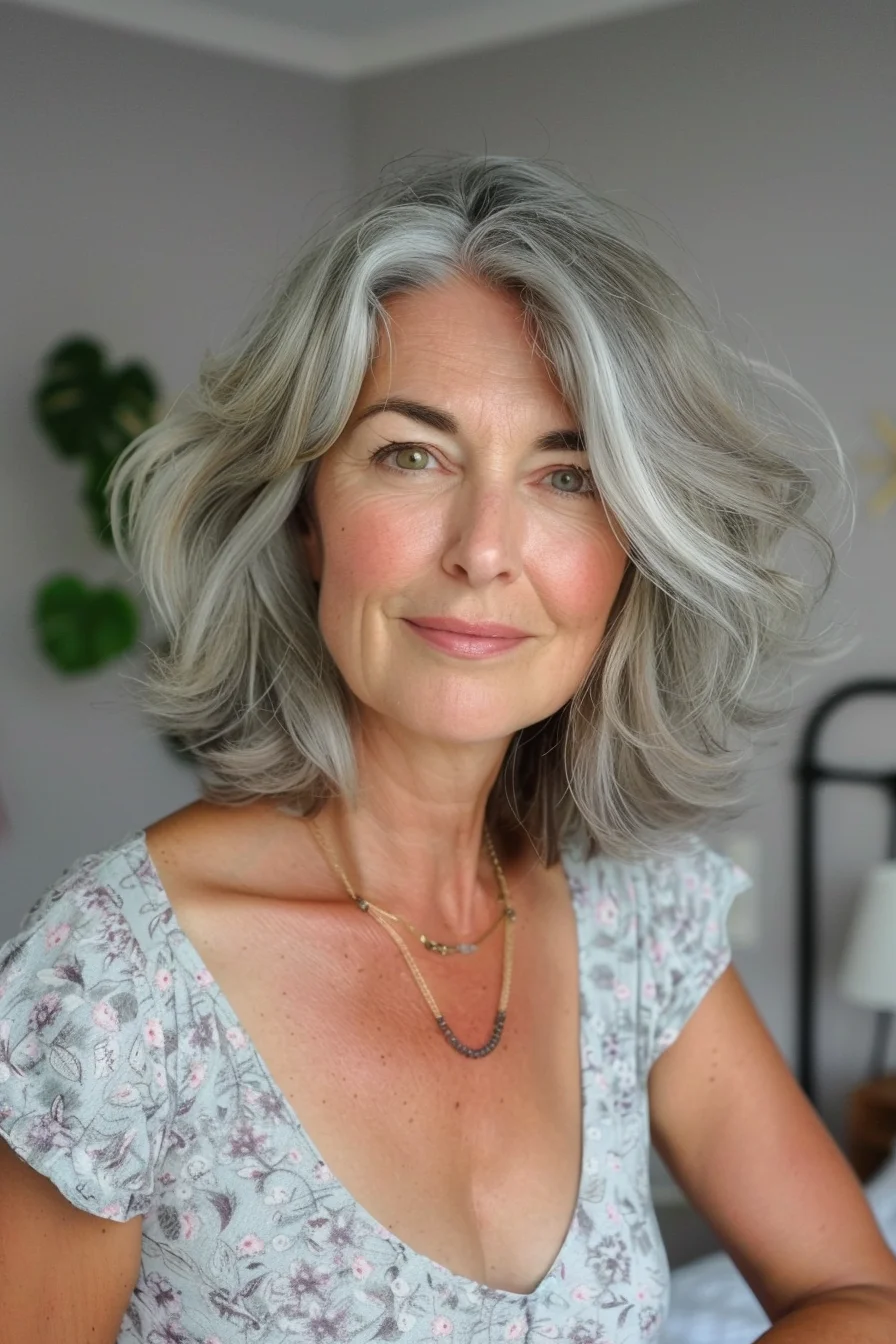A voluminous gray bob frames the face beautifully with soft, tousled layers. The textured waves add movement and body, creating a full and bouncy look. The silver-gray hue is both modern and elegant.