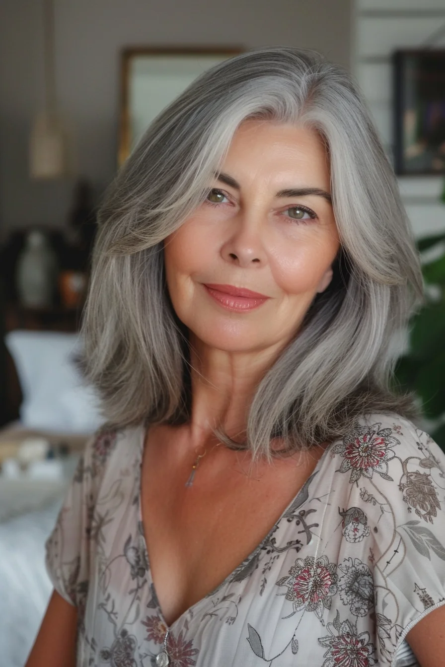 This sleek gray bob features a smooth, straight texture and a defined side part. The length falls just below the chin, creating a classic and chic silhouette. The overall effect is polished and sophisticated.