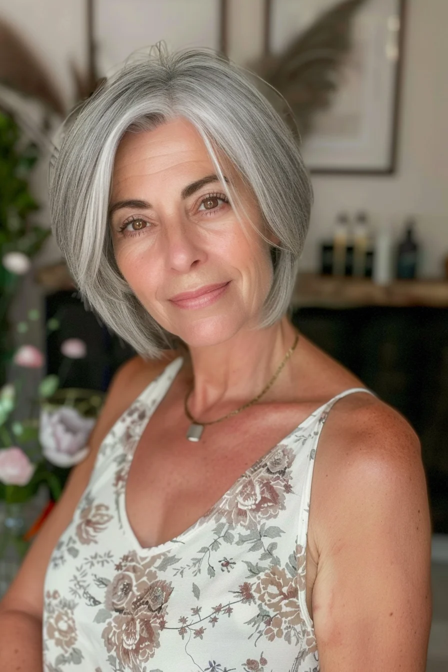 A chic, angled bob showcases a stunning blend of gray tones. The hair is shorter in the back and gradually lengthens towards the front, creating a dynamic and modern shape. This cut is both stylish and easy to manage.