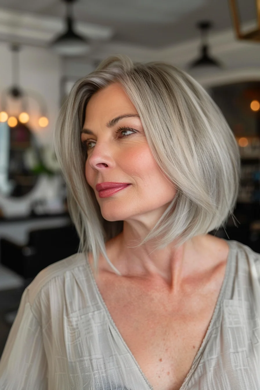 One angled bob shines with a smooth, polished finish. The hair is styled with a deep side part and sleek, straight lines, creating a sophisticated and modern look. This style is perfect for those who want a low-maintenance yet stylish cut.