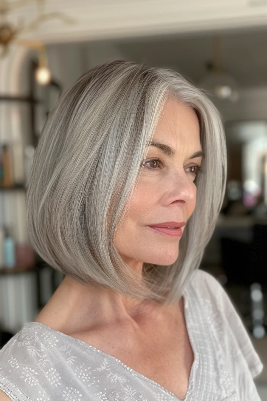 A sleek, angled bob shines in shades of silver and gray. This precise cut is shorter in the back, lengthening towards the front for a modern, dynamic shape. It's a look that's both stylish and easy to maintain.