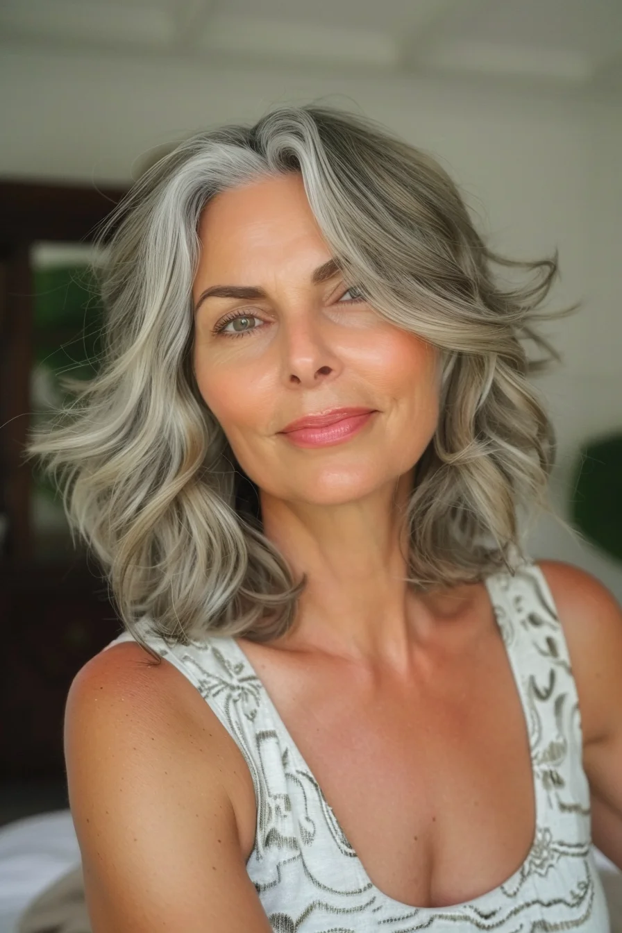 Loose, flowing waves give this gray bob a relaxed and effortless vibe. The hair falls around the shoulders, creating a soft and romantic look. The natural gray color is enhanced by the healthy shine and movement.