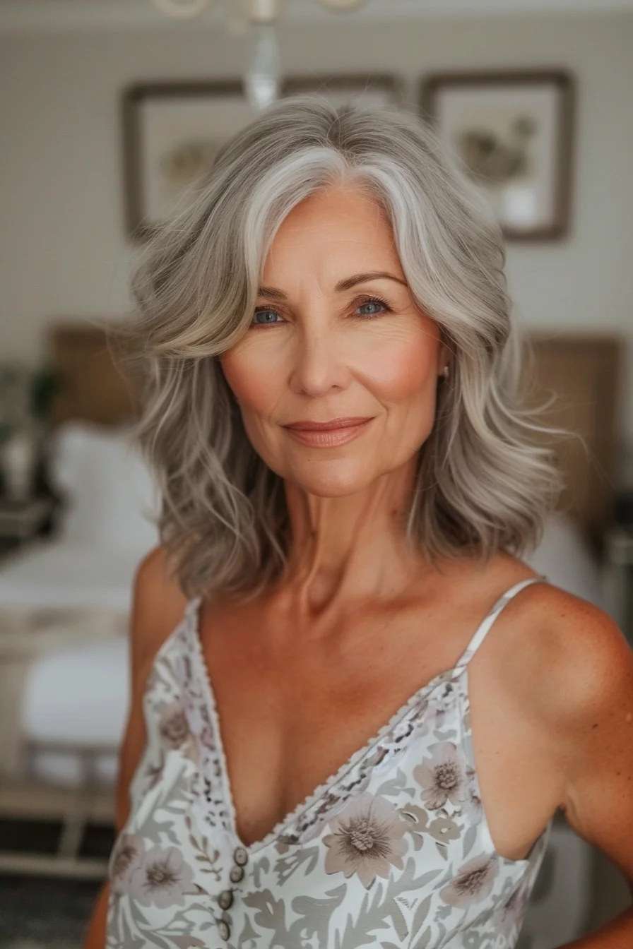 This wavy gray bob is full of texture and volume. Soft curls create a bouncy and playful look, while the side-swept bangs add a touch of femininity. The overall effect is both stylish and youthful.
