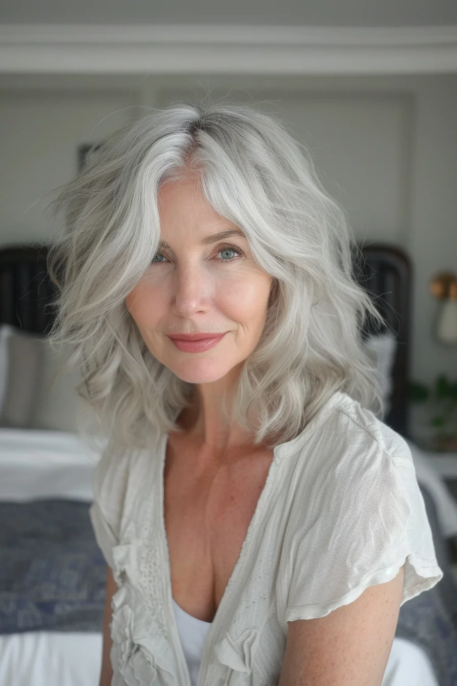 Tousled waves and a deep side part define this effortlessly chic gray bob. The textured layers add movement and dimension, creating a full and bouncy look. This style is perfect for those who want a low-maintenance yet stylish look.