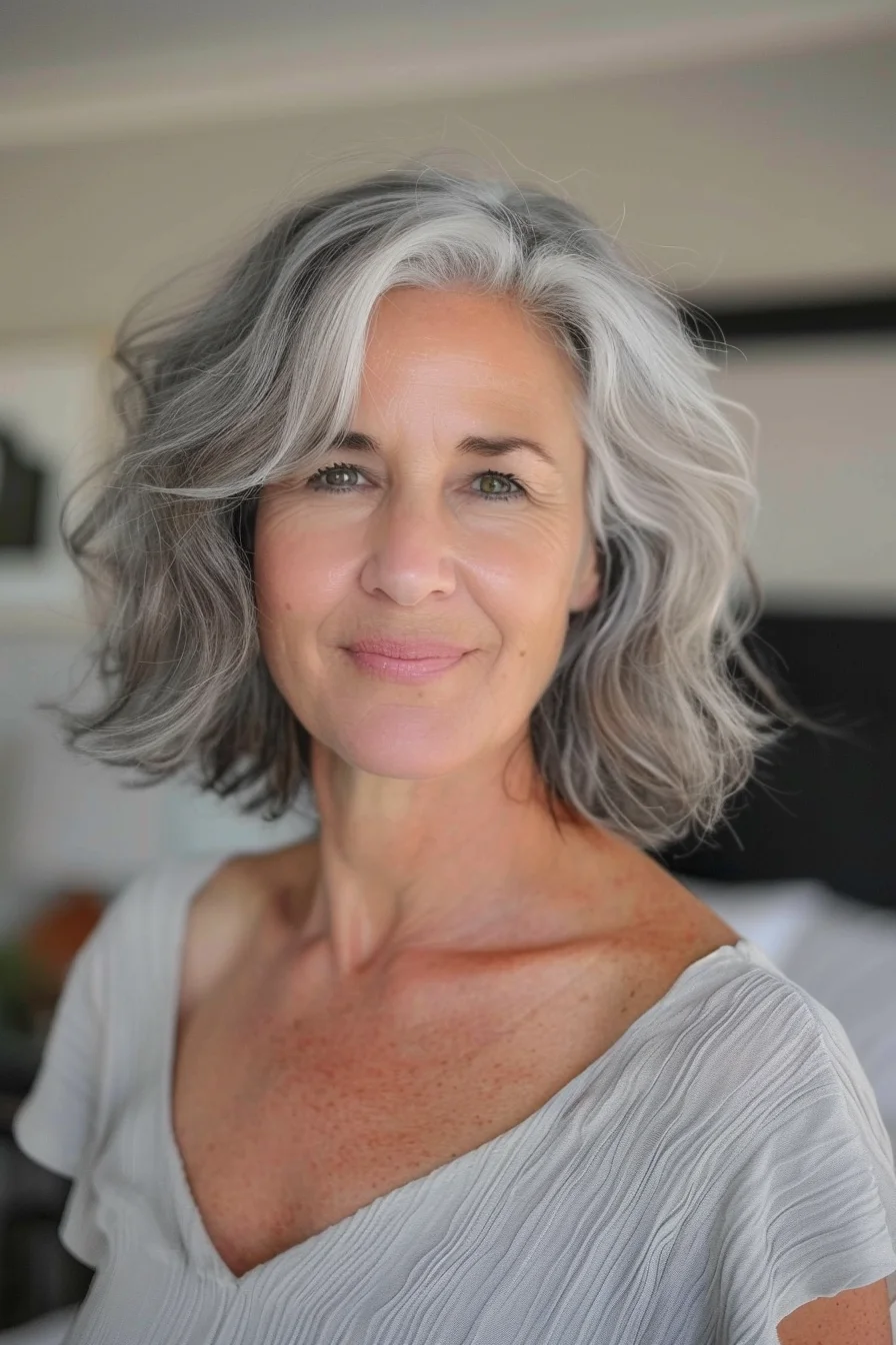 Soft, tousled waves create a relaxed and effortless look in this gray bob. The hair falls just below the chin, framing the face beautifully. Natural highlights add dimension and depth to the silvery gray hue.