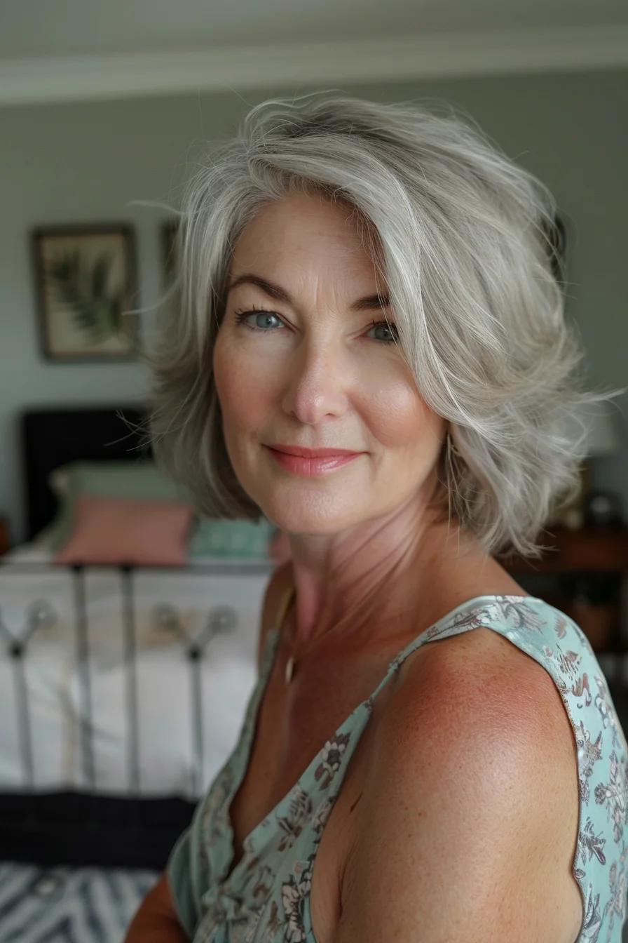 A side-swept gray bob exudes effortless style. The hair is styled with a deep side part and soft waves, creating a flattering and feminine look. The length falls just past the chin, a classic and versatile length for a bob.