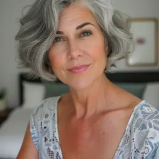 Wavy texture adds movement and body to this beautiful gray bob. The hair is styled with loose, flowing waves, creating a soft and romantic look. This style is perfect for those embracing their natural gray.