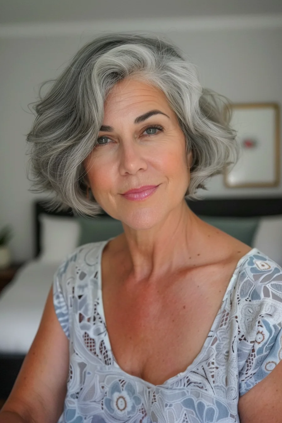 Wavy texture adds movement and body to this beautiful gray bob. The hair is styled with loose, flowing waves, creating a soft and romantic look. This style is perfect for those embracing their natural gray.
