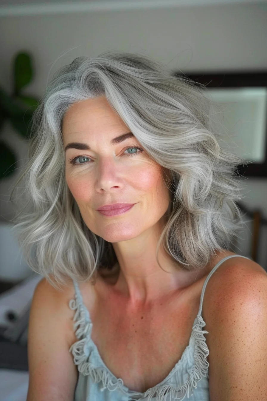 This gray bob is full of texture and volume, thanks to its tousled waves and layered cut. The hair falls around the shoulders, creating a soft and flattering frame for the face. This style is both chic and easy to maintain.