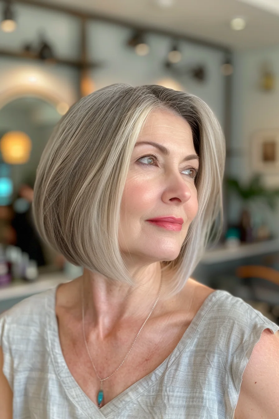 A sleek and modern angled bob makes a statement in a beautiful shade of gray. The hair is shorter in the back and gradually lengthens towards the front, creating a dynamic and stylish silhouette. This cut is perfect for those who want a look that is both chic and edgy.
