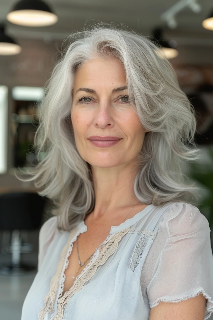 Beautiful waves tumble around her face in this gorgeous gray bob. The layered cut adds volume and movement, creating a full and bouncy look. Silver and white highlights throughout the hair give it a luminous quality.
