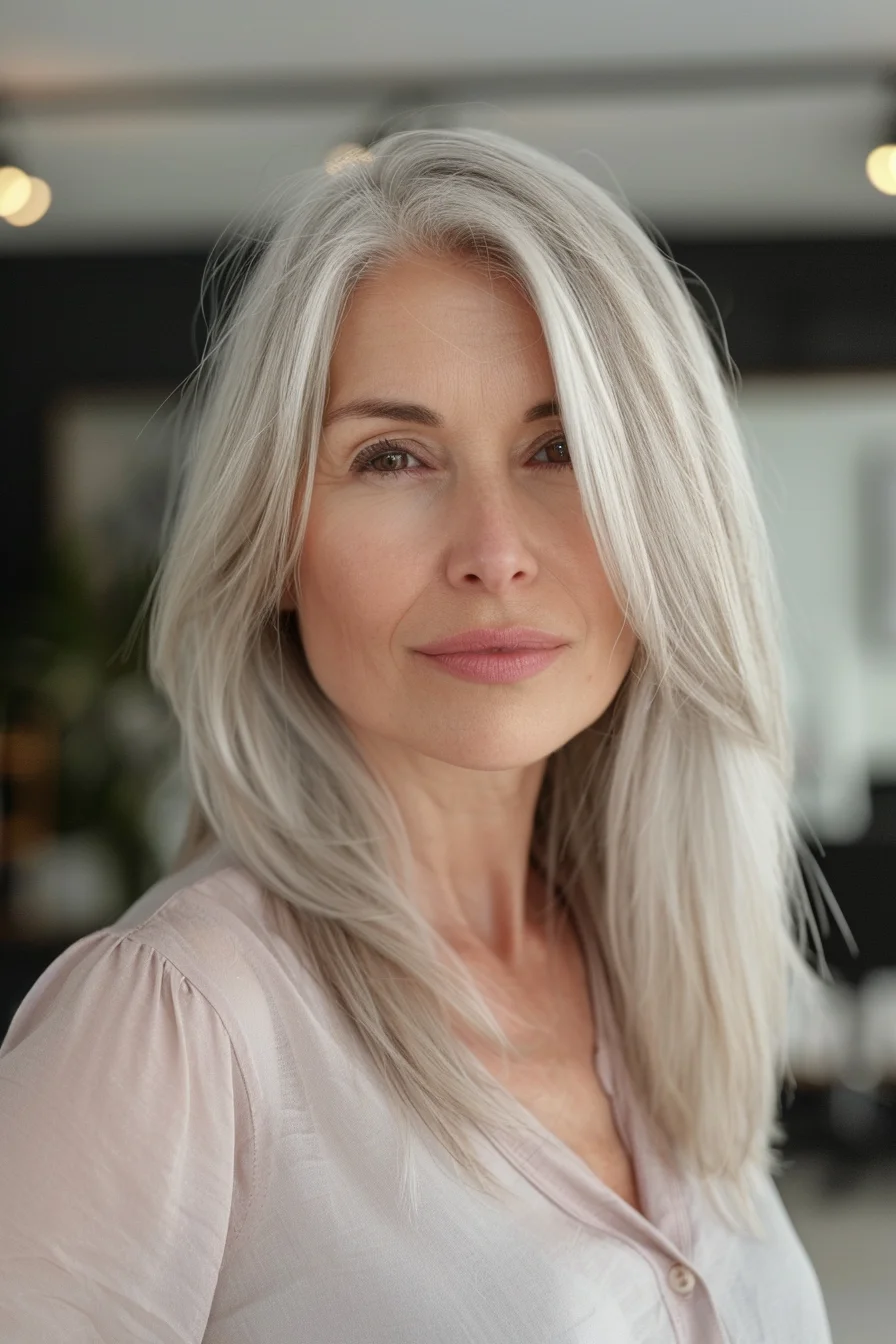 Long, flowing layers give this gray hairstyle a soft and romantic feel. The hair falls past the shoulders, creating a beautiful cascade of silver and gray tones. A simple center part completes this elegant look.