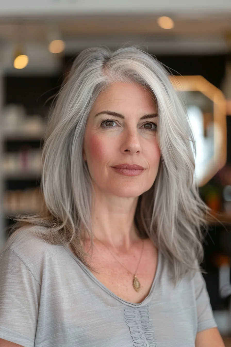 Wavy texture and a side part define this effortlessly chic gray bob. The hair falls around the shoulders, creating a soft and flattering frame for her face. It's a versatile style that can be dressed up or down.