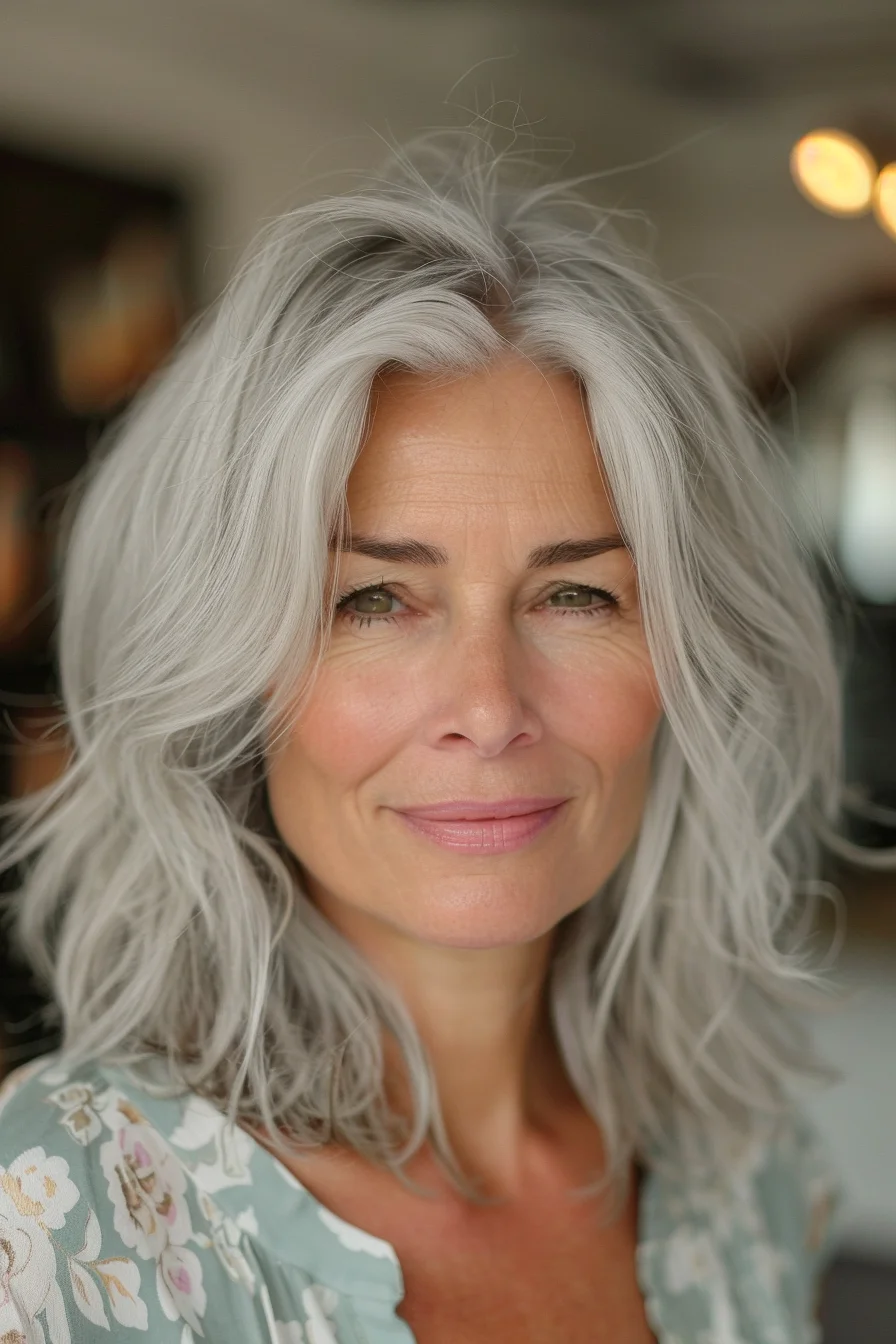 Loose, tousled waves give this gray bob a relaxed and carefree vibe. The length falls around the shoulders, creating a soft and flattering frame. Her natural gray color is enhanced by the textured styling.