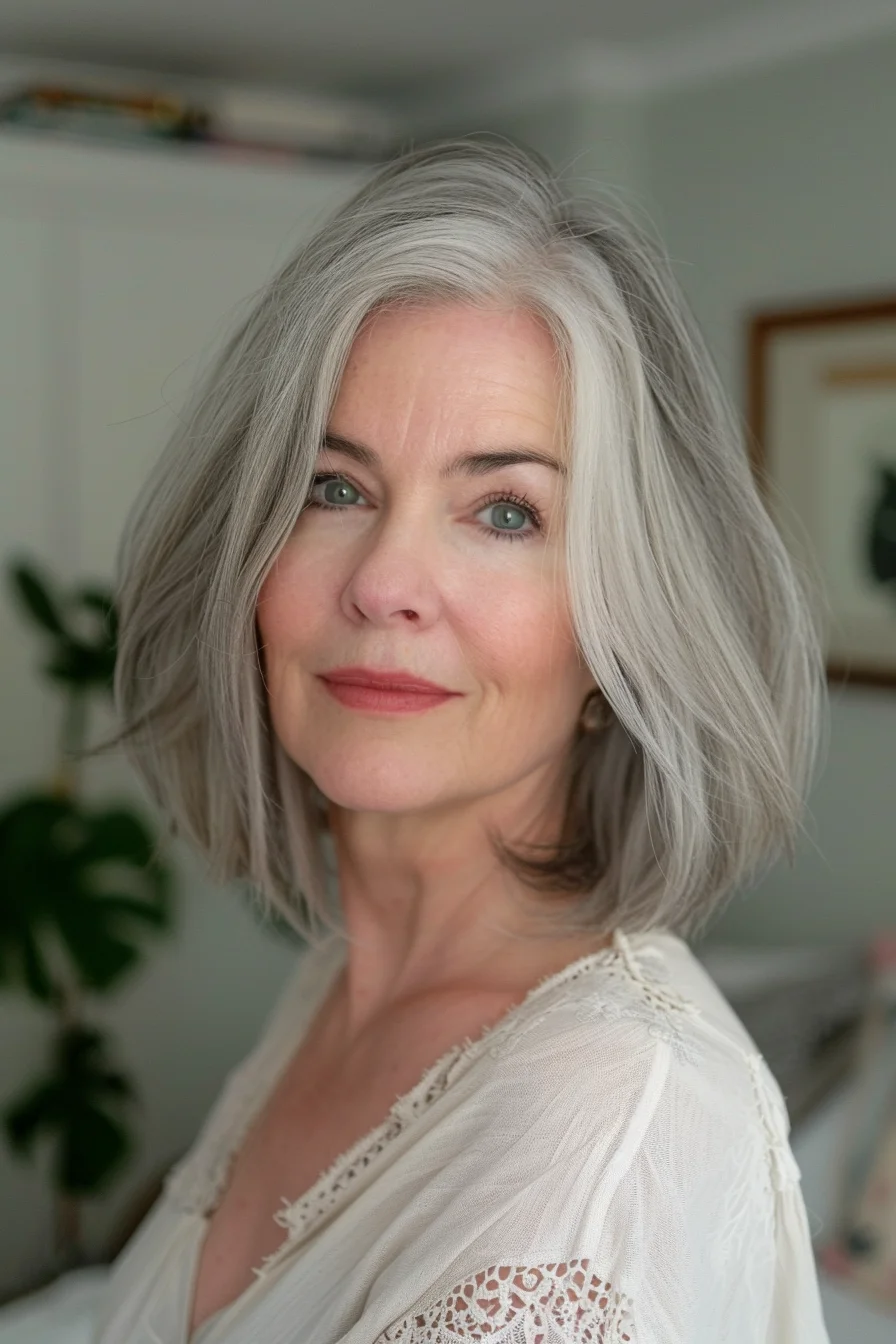 A smooth, polished bob frames her face beautifully. This classic cut falls just below the chin, a universally flattering length. The gray hair has a healthy shine, adding to the overall elegance of the style.